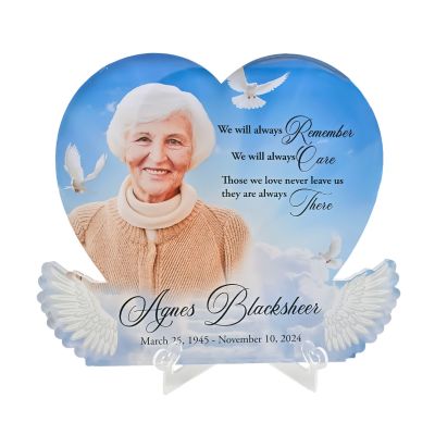 Angel Wing heart-shaped acrylic memorial plaque with photo and custom stand by Funeral Printshop
